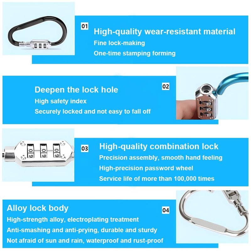 Kigauru D Shaped Code Lock Aluminum Carabiner Multifunctional Black Lock Carabiners with Spring Rope for Looped Bike Security Cable Lock Fence Lock Outdoor Lock