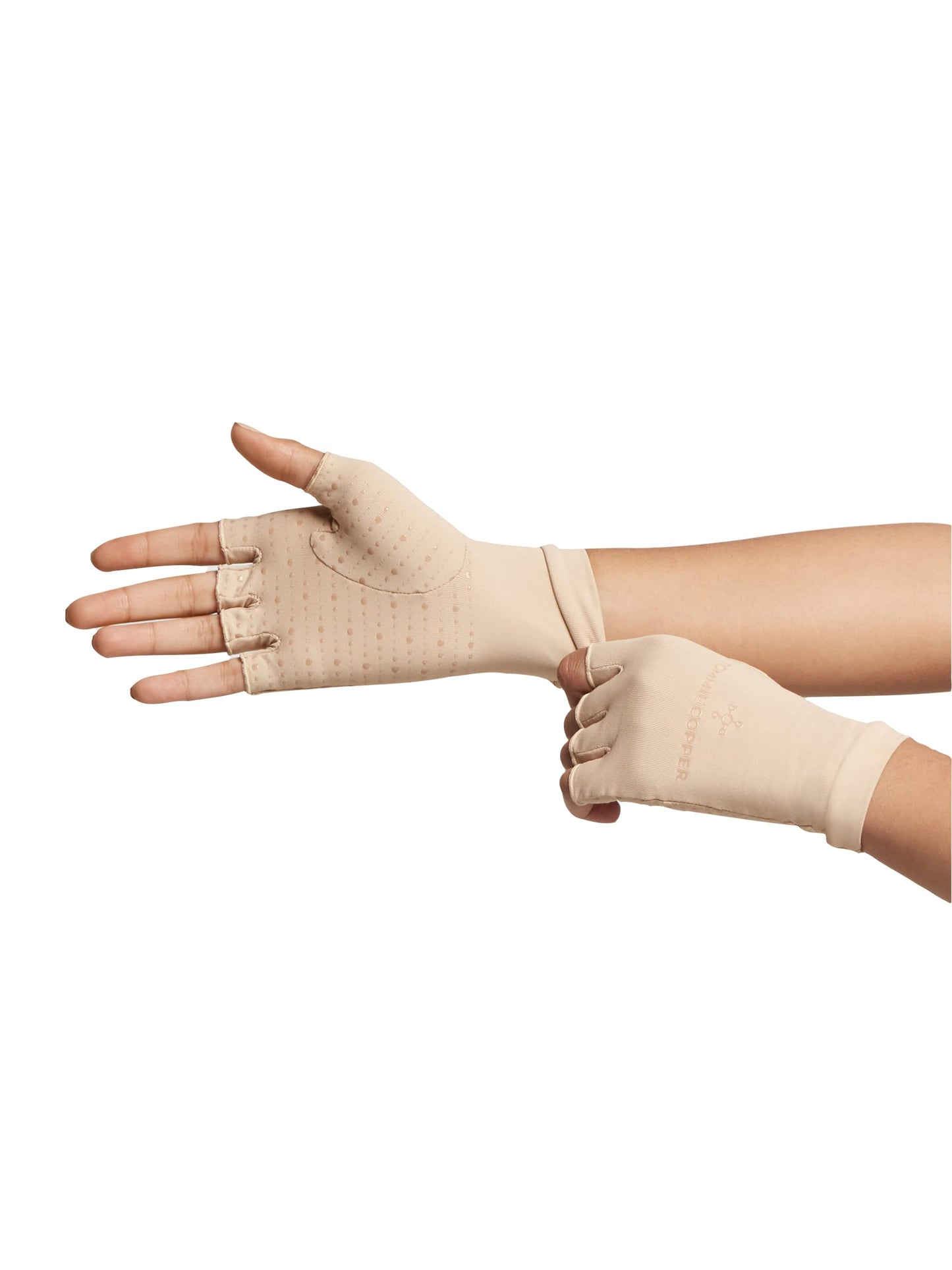 Tommie Copper Core Compression Half Finger Gloves, Unisex, Men & Women, 4D Stretch, Sweat Wicking Breathable Gloves for Hand Stiffness, Swelling & Joint Support - Nude - Small