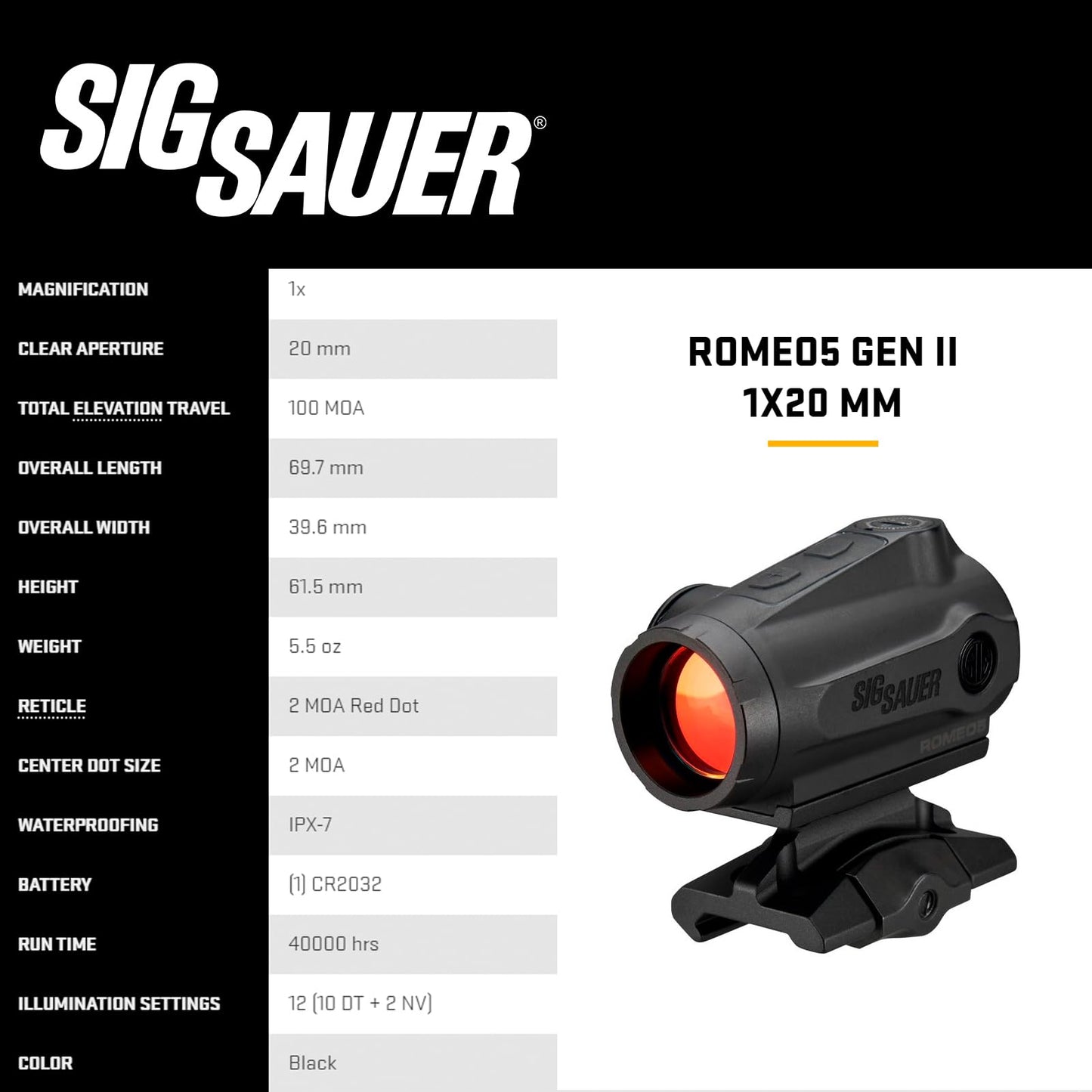 SIG SAUER ROMEO5 GEN II 1x20mm Compact Durable IPX-7 Waterproof Gun Shooting Sight, Parallax-Free Optical Design, 12 Illumination Settings - GEN II Red Dot Sight - Black (SOR5101)