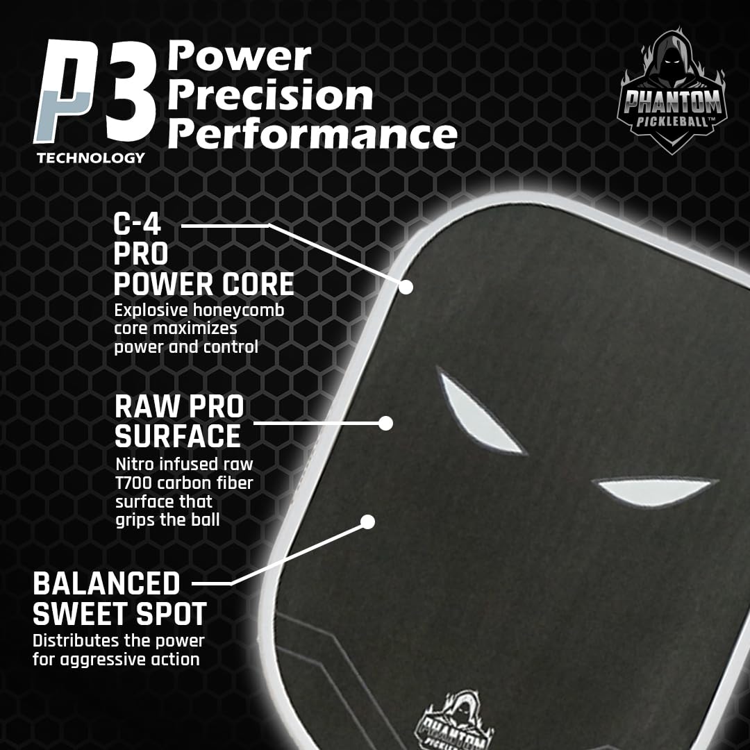 Phantom Pickleball Paddle Trinity 14mm - Carbon Fiber - USA Pickleball Approved - Max Grit and Spin Elongated Body Pickle Ball Paddle - Lightweight Pickleball Racket with C4 Polypropylene Core