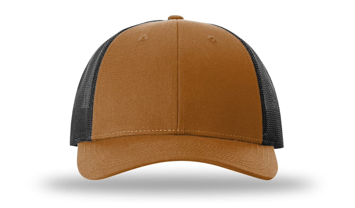 Richardson 115 Low Profile Trucker Hat Snapback Cap Adjustable Baseball Hat Blank Hat Bulk Hats - Caramel/Black