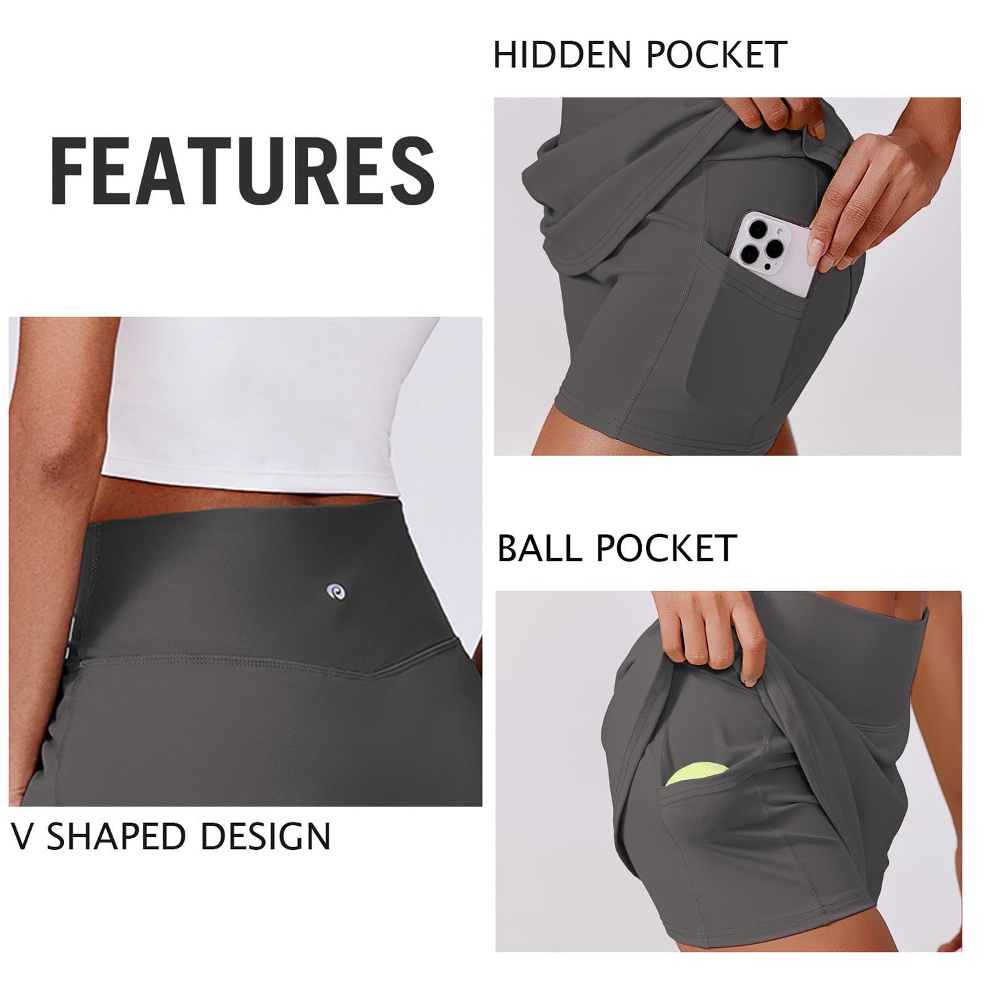 PINSPARK Golf Skirts for Women V Waisted Tennis Skorts Lightweight Athletic Skirt Stretchy Workout Skort with Pockets, Dark Grey XXL