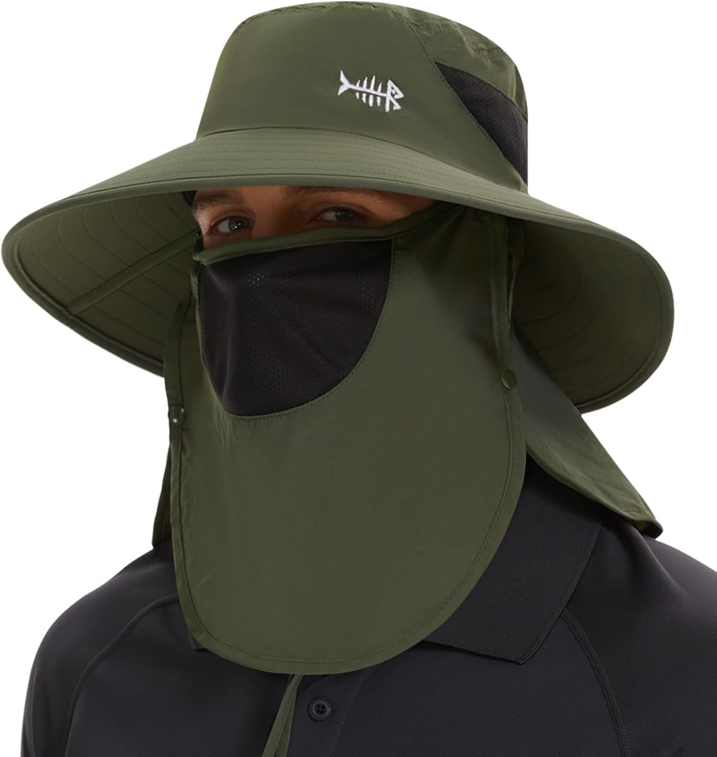 BASSDASH UPF 50+ Sun Hat - Breathable Wide Brim Bucket Hat with Removable Face Cover & Neck Flap for Fishing & Hiking