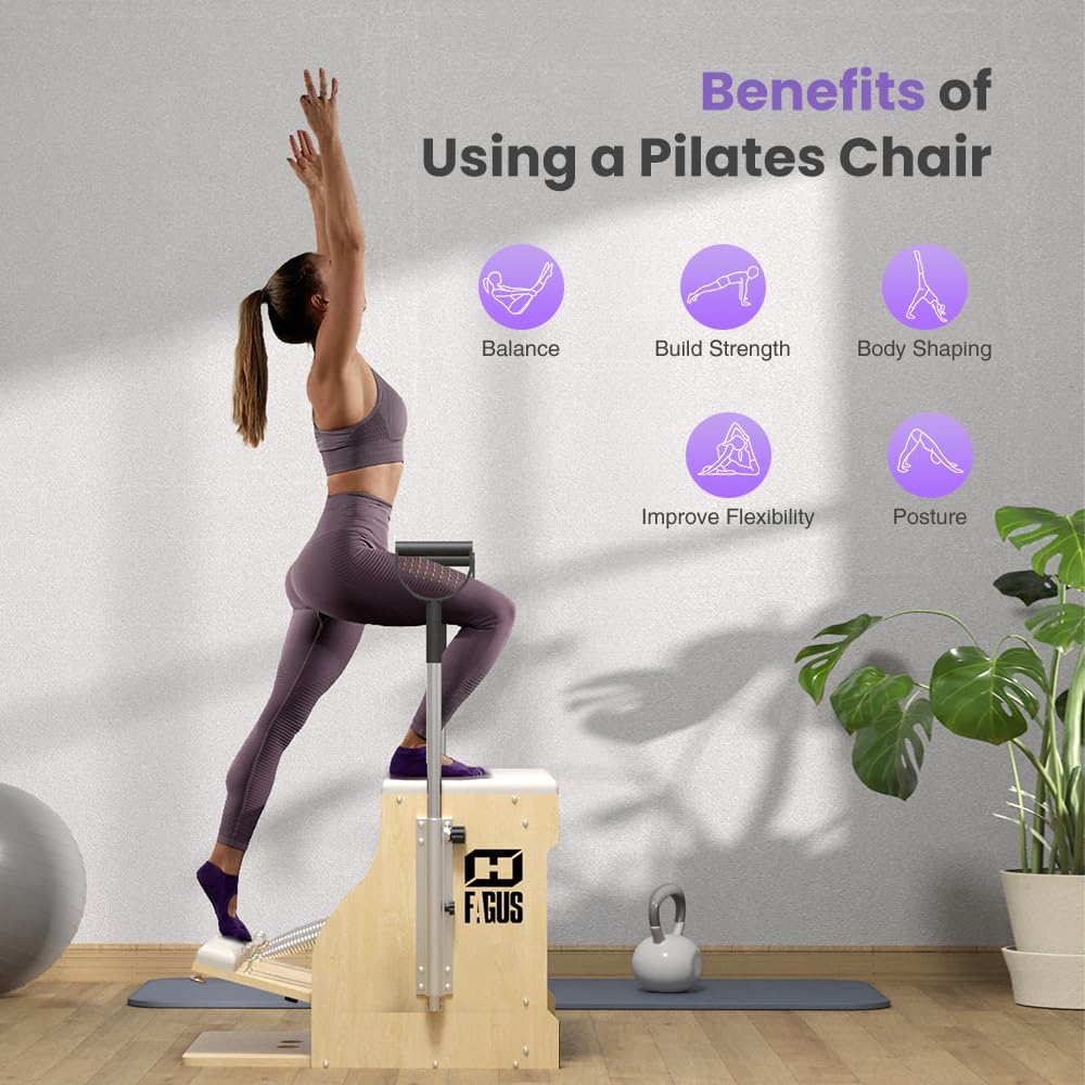 FAGUS H Pilates Chair, Split-Pedal Stability Combo Chair with Handles, Yoga Fitness Trainer, Pilates Reformer Machine, Pilates Equipment Perfect for Home Use & Gym Workout, Burlywood / White Pad