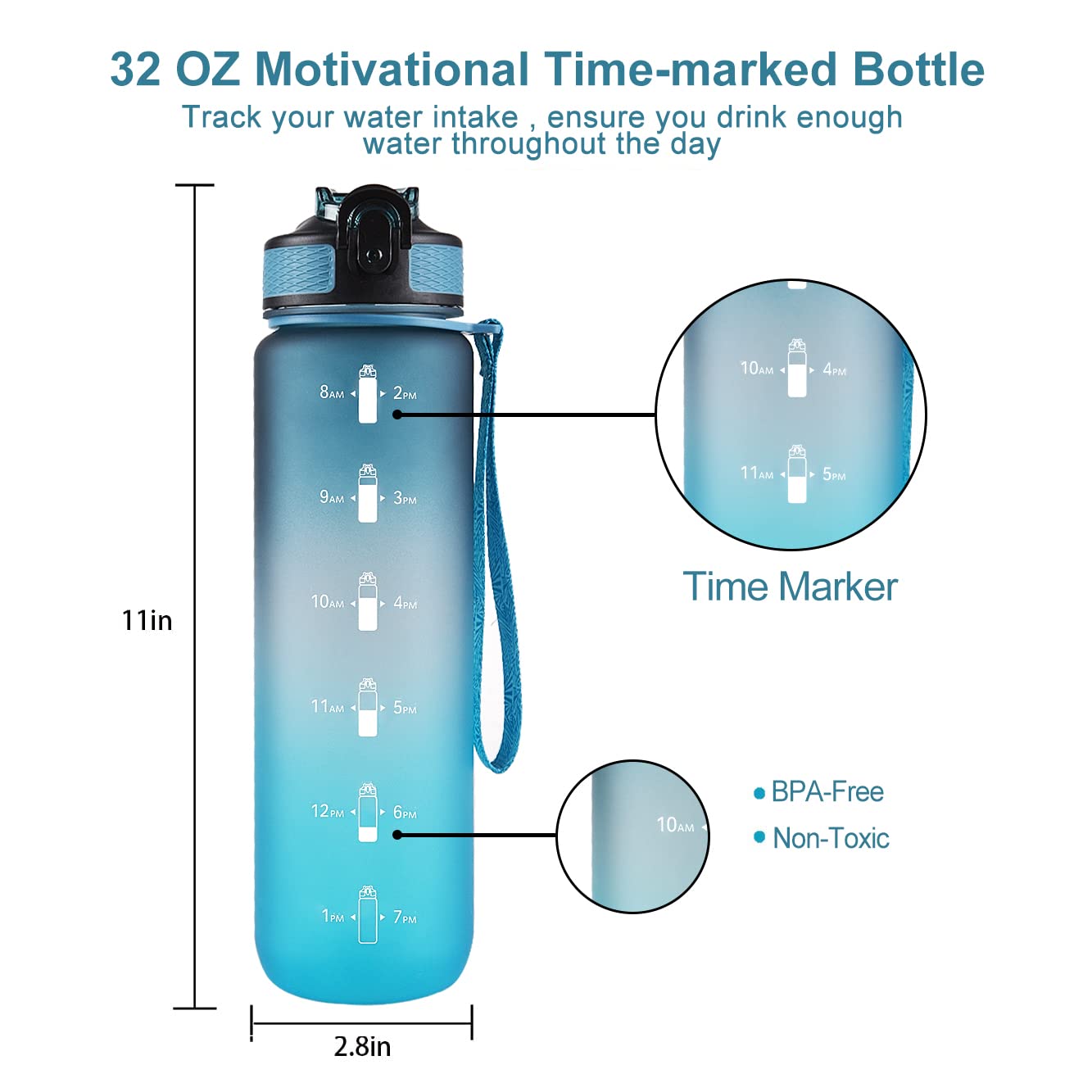 EYQ 32 oz Water Bottle with Time Marker, Carry Strap, Leak-Proof Tritan BPA-Free, Ensure You Drink Enough Water for Fitness, Gym, Camping, Outdoor Sports