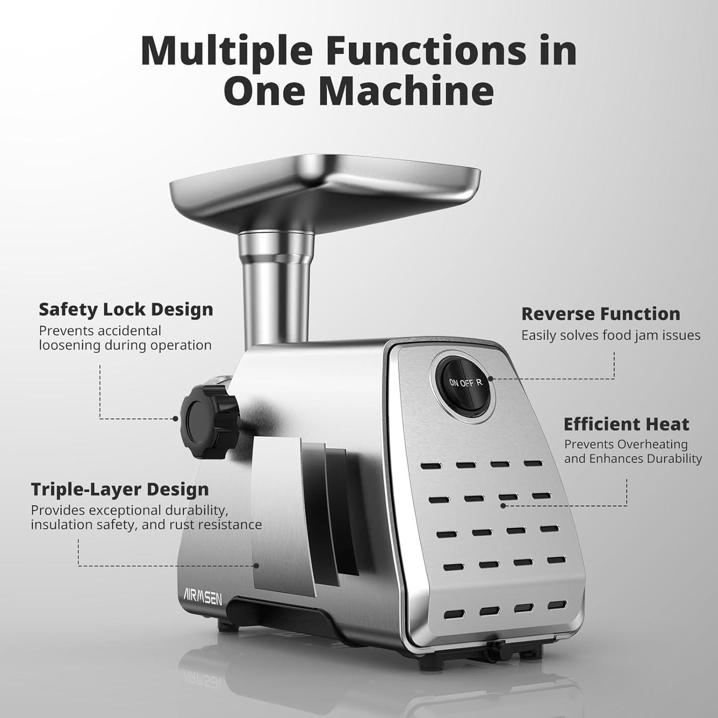 AIRMSEN Electric Meat Grinder & Tomato Sauce Press Maker with Strainer - Heavy Duty Food Mill Machine for Grinding Meat, Making Tomato Sauce, Sausage, Kibbeh for Home Kitchen Use