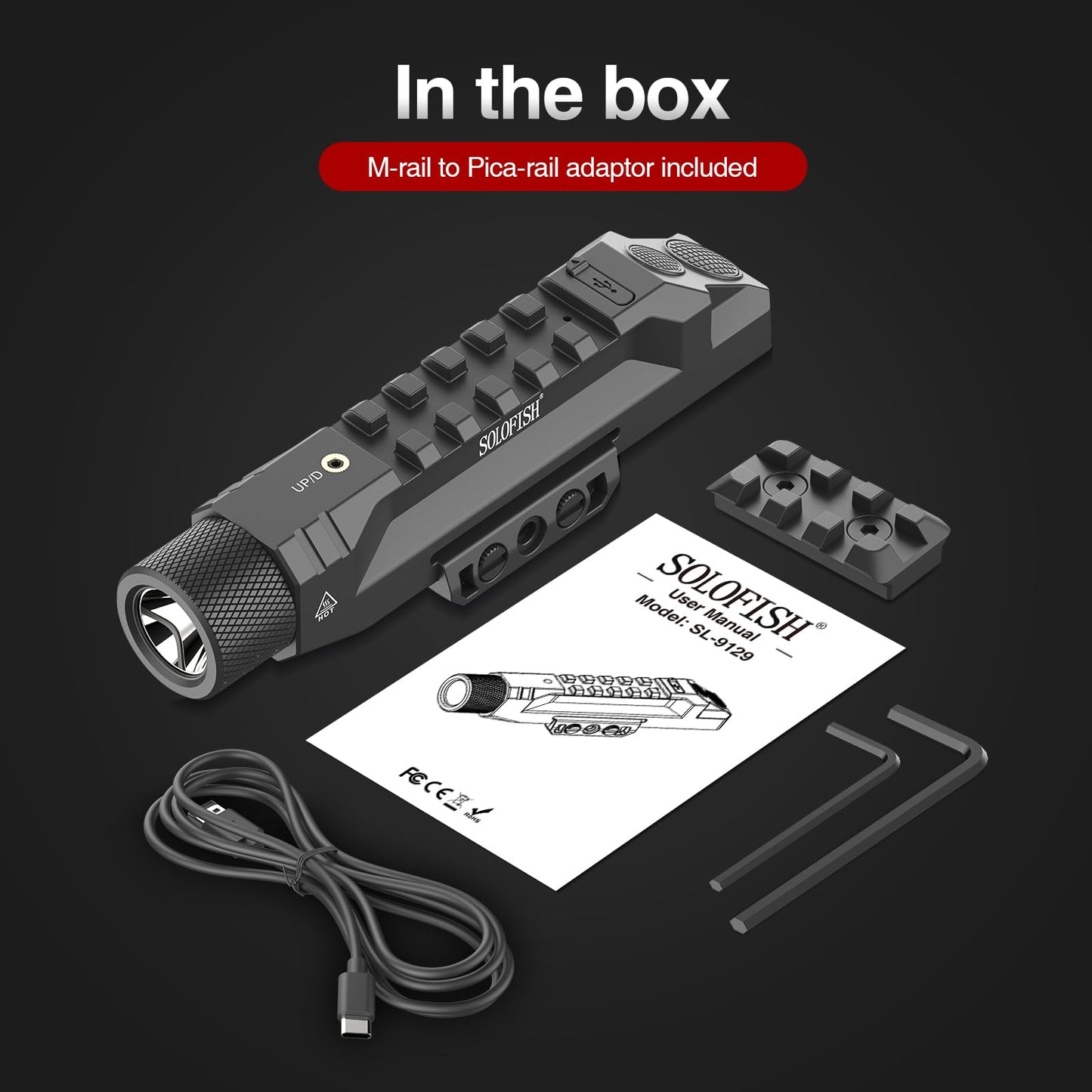 Solofish 1750 Lumens Green Laser Light Combo is Compatible with Picatinny/Mlok Rail for Rifle, Rechargeable Weapon Flashlight with Strobe/Momentary, with Power Level Indicator