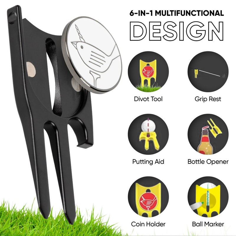 Birdicorn Golf Divot Repair Tool & Golf Ball Marker 6-in-1 Golf Divot Tool with Ball Marker, Line Stencil, Coin Holder, Putting Aimer, Bottle Opener, Club Rest