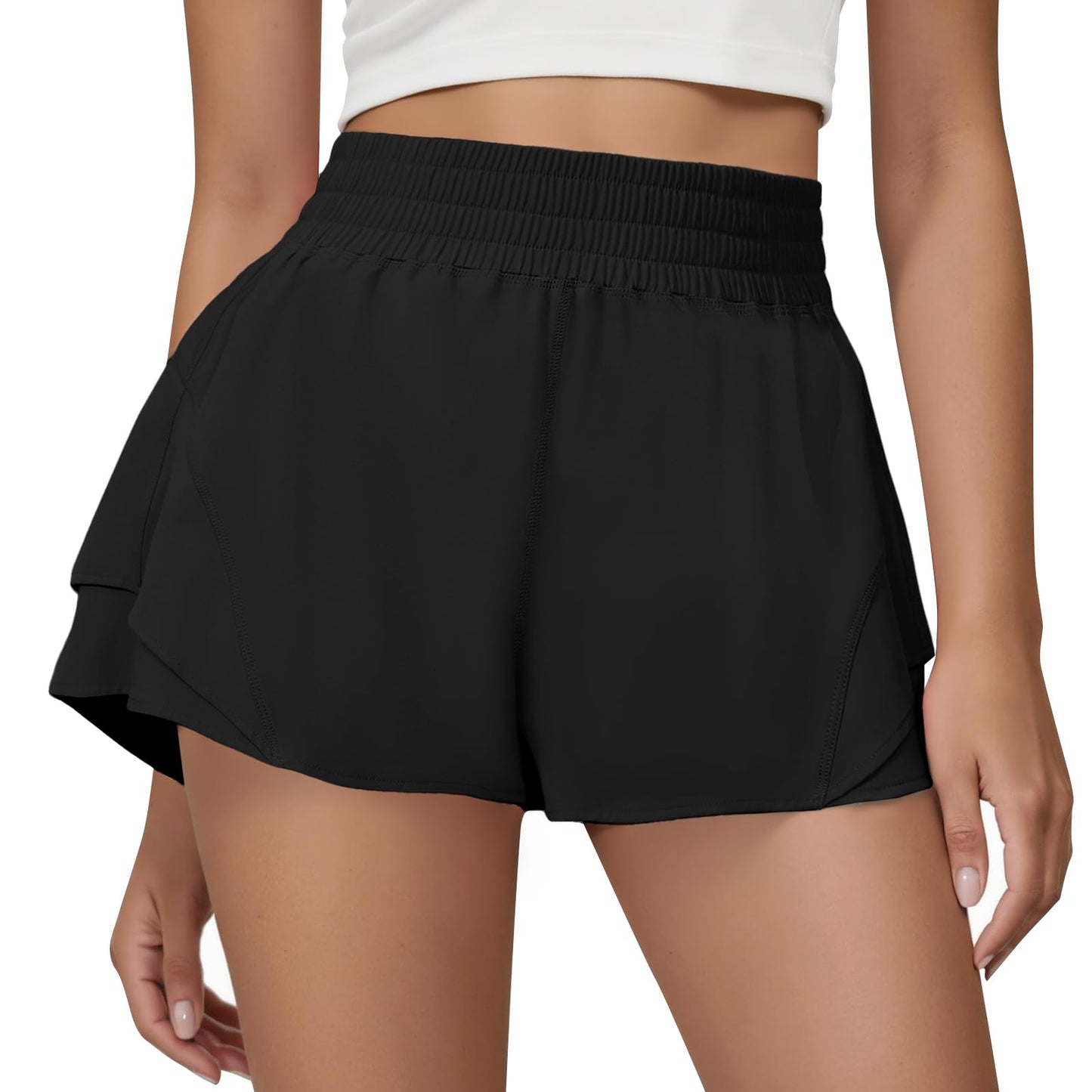 FireSwan Running Shorts for Women 2 in 1 High Waisted Quick Dry Butterfly Flowy Athletic Gym Yoga with Pockets Black Medium