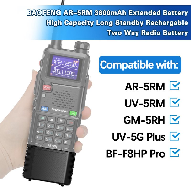 BAOFENG BF-F8HP PRO AR-5RM Battery Rechargeable 3800mAh Extended Battery Compatible with UV-5G Plus,UV-5RH PRO GPS,5RM,GM-5RH GMRS USB-C Charger for Ham Radio Handheld Walkie Talkies Accessories