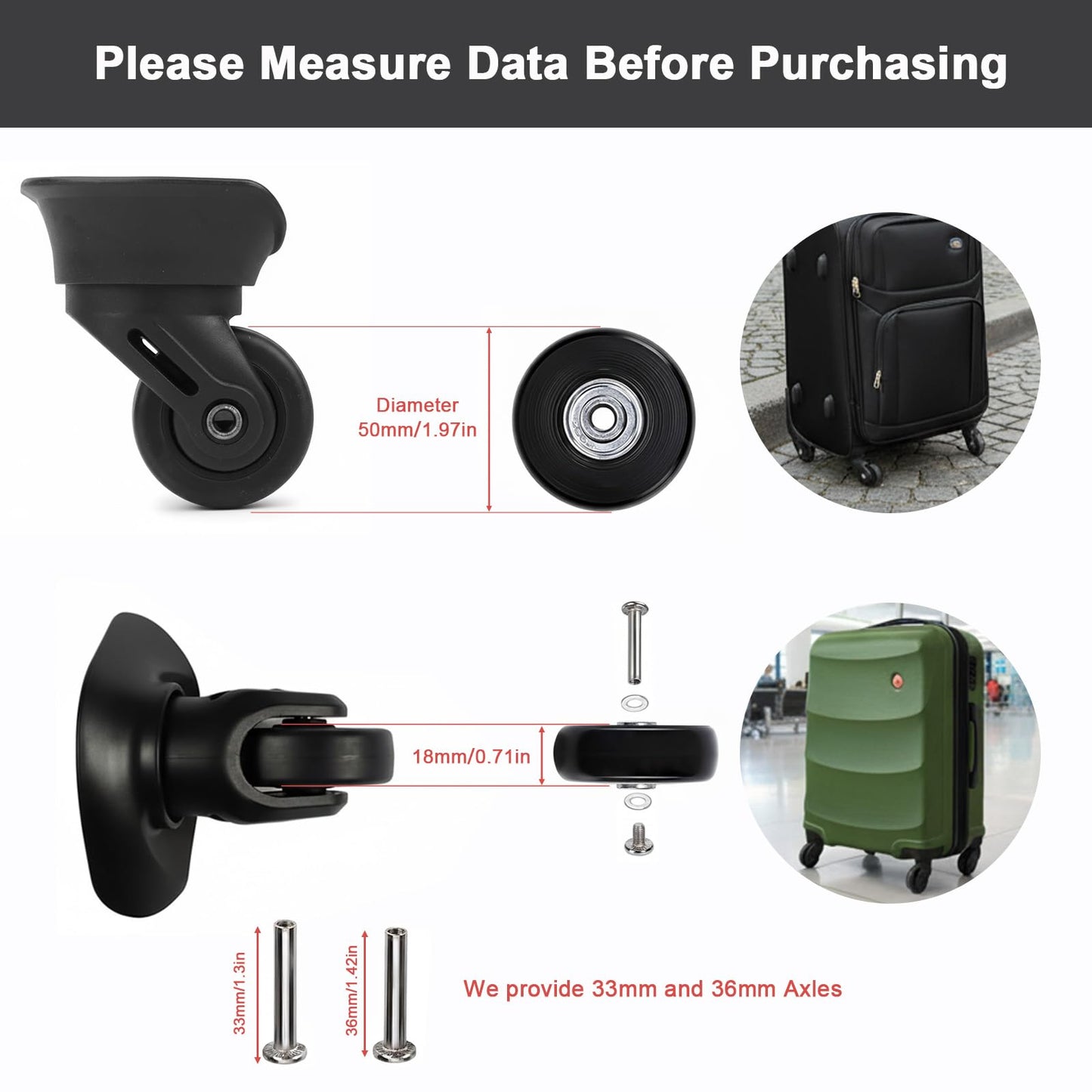 Set of 8 Luggage Suitcase Replacement Wheels, 50 x 18mm Rubber Swivel Caster Wheels Bearings Repair Kits, Wear-Resistant Mute Wheel Replacement Kit for Luggage Bags Travel Trolley Case