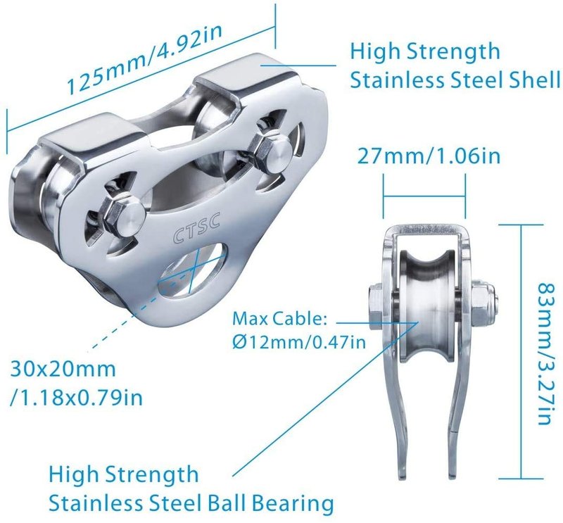 CTSC Climbing Pulleys with Oval Carabiner, Zipline Pulley Kit for Backyard Zipline, Hauling, Rigging and Commercial Purposes with Speed 35/s and Holds Upto 800lbs
