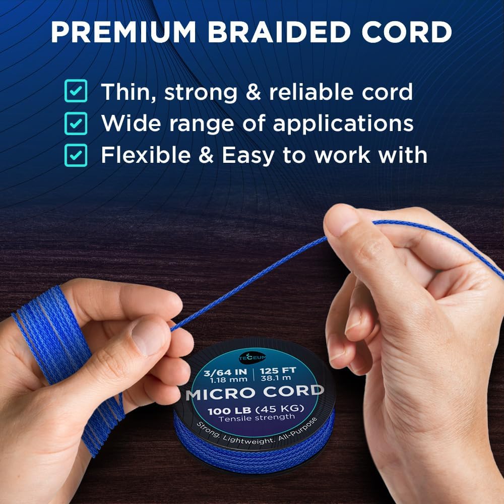 TECEUM Micro Paracord – Simple Blue – 1.18 mm x 125 ft – Micro Utility Cord – Thin Braided Paracord Rope Nylon Polyester – Wind Chime Replacement – Survival Strong String 001c nw