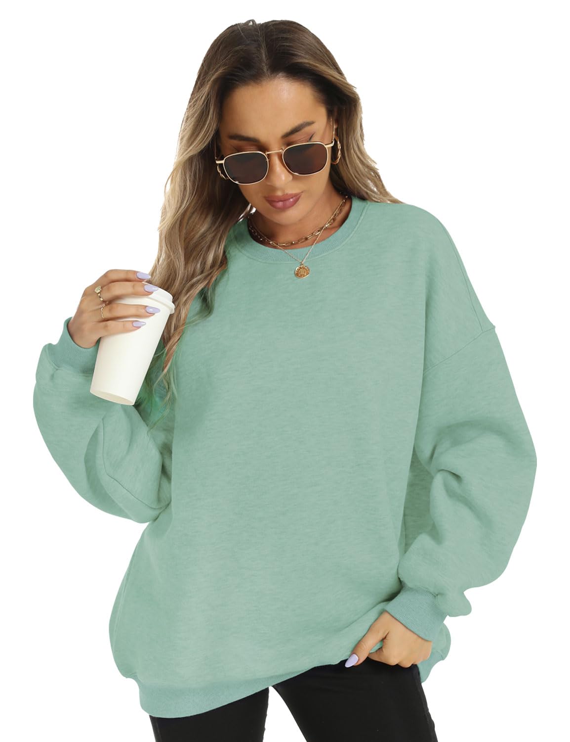 FANCYINN Womens Oversized Sweatshirts Long Sleeve Loose Pullover Solid Fleece Tops Fall Winter Grayish Green S