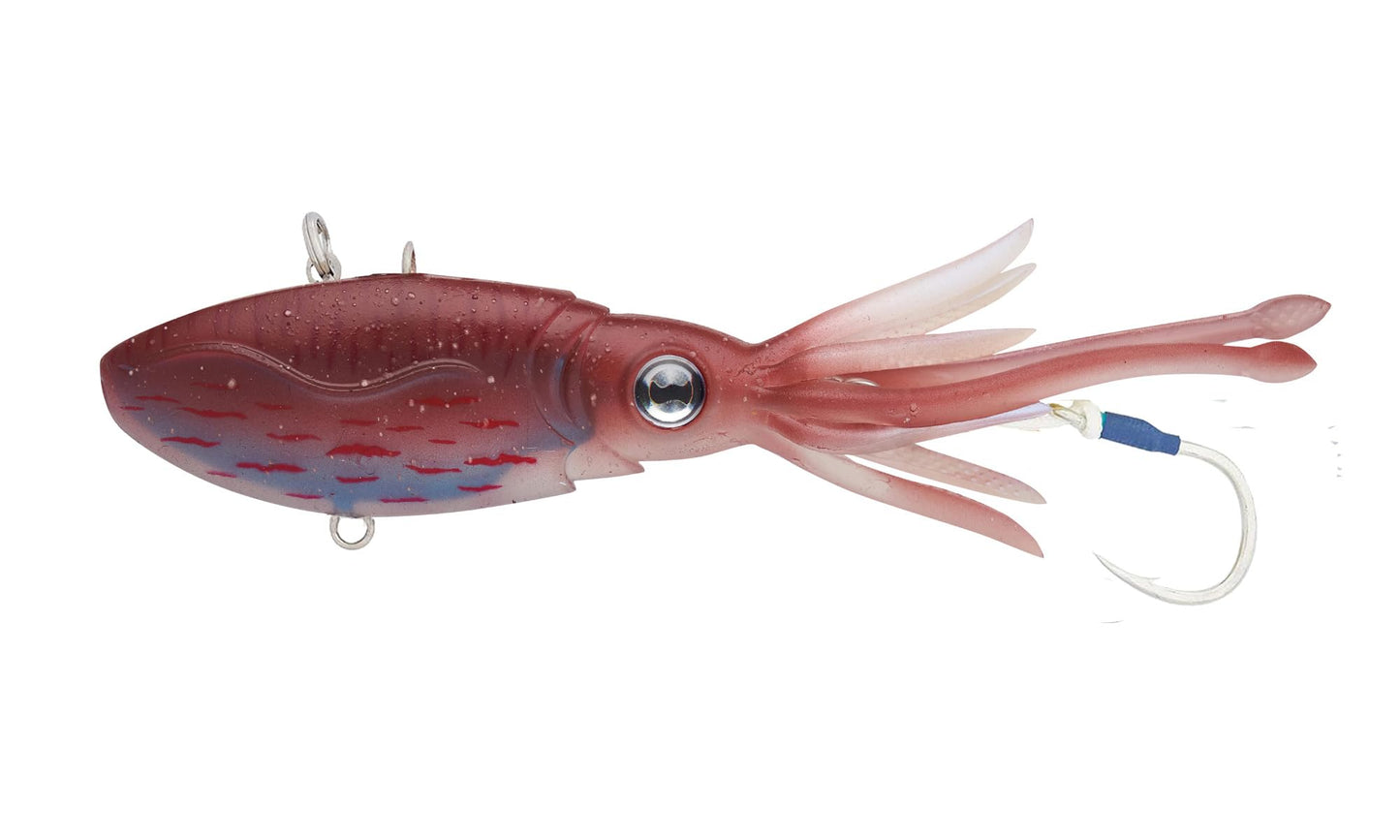 Nomad Design Squidtrex Patented Vibrating Fishing Lure- Scent Added TPE Soft Plastic Lure for Saltwater w/Strong BKK Assist Hooks, Fishing Bait that Catches Many Species, 170mm, 8 3/4oz- Cali Red