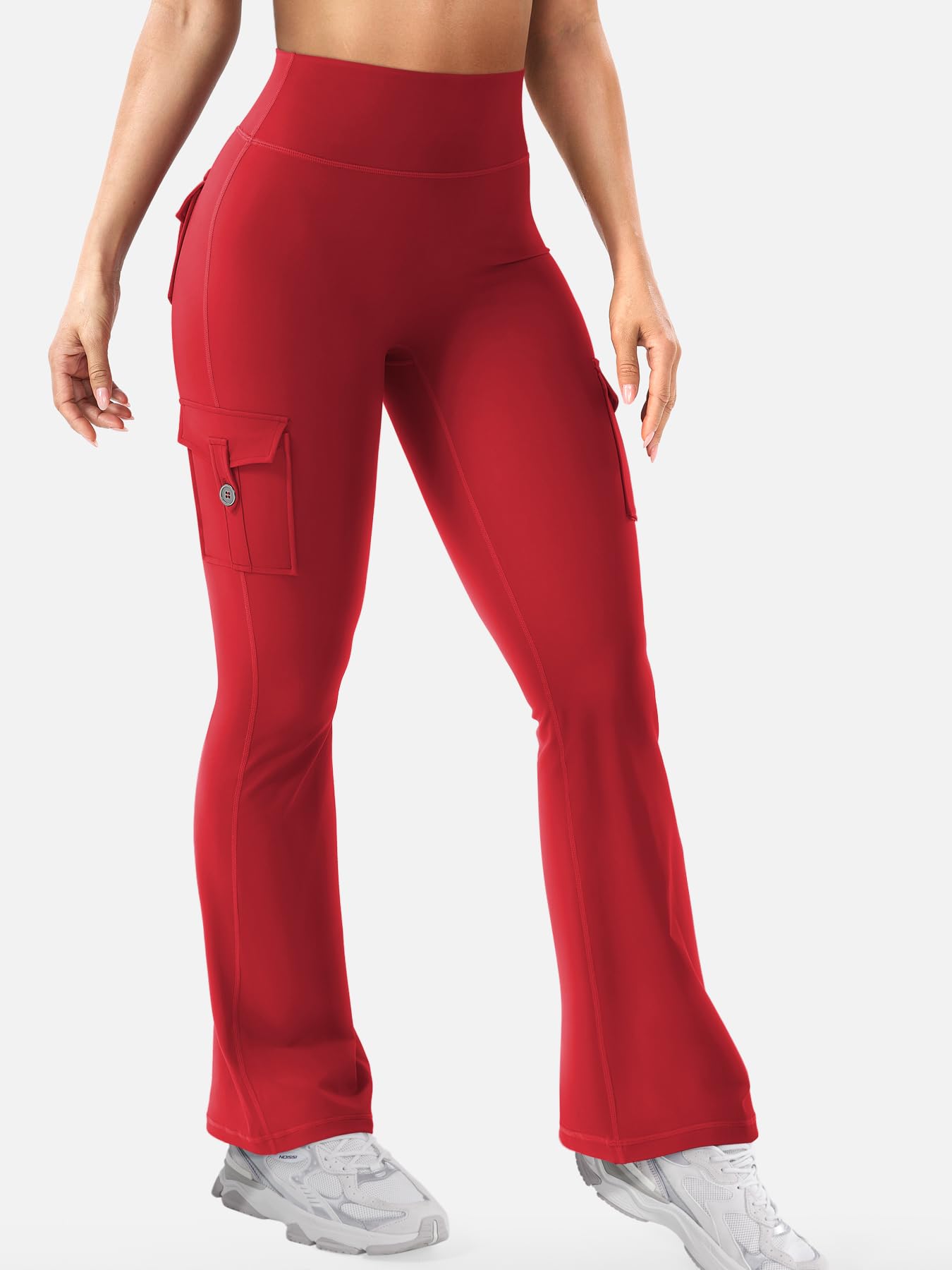 YEOREO CoreFlex Women Workout Flare Leggings with Pockets Scrunch Cargo Gym Yoga Leggings 28" Inseam Red M