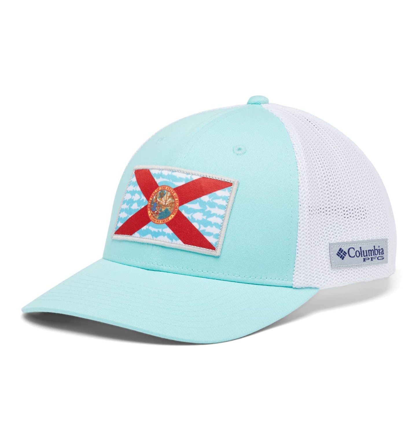 Columbia Unisex PFG Mesh Fish Flag Ball Cap, Gulf Stream/White/FL Fish Flag, Small/Medium