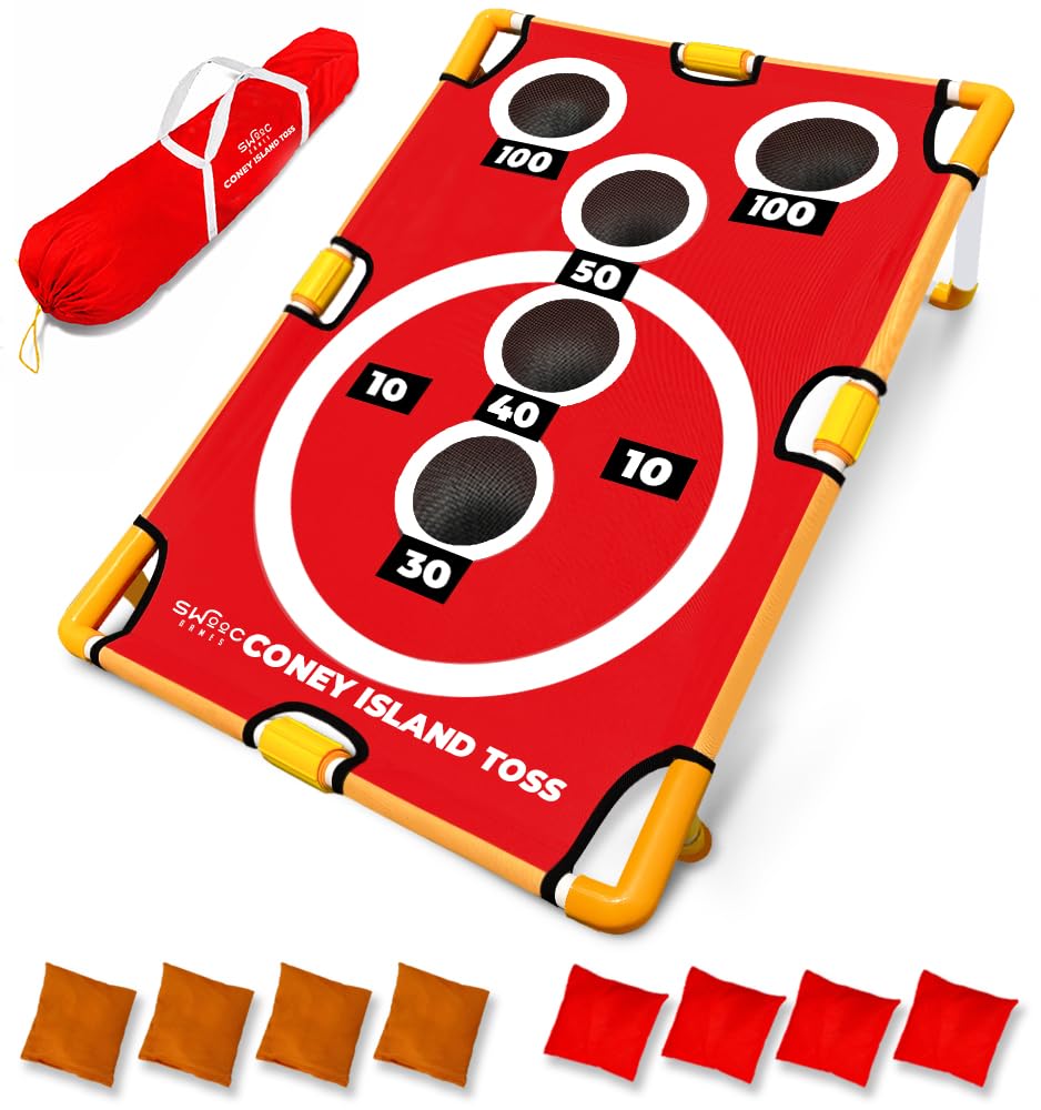 Swooc Games - Coney Island Toss™ - Arcade Style Cornhole Board Set w/Carrying Case & 15+ Games - Corn Hole Games for Adults - Kids Bean Bag Toss Game - Kids Cornhole Set w/Bags - Outdoor Yard Games