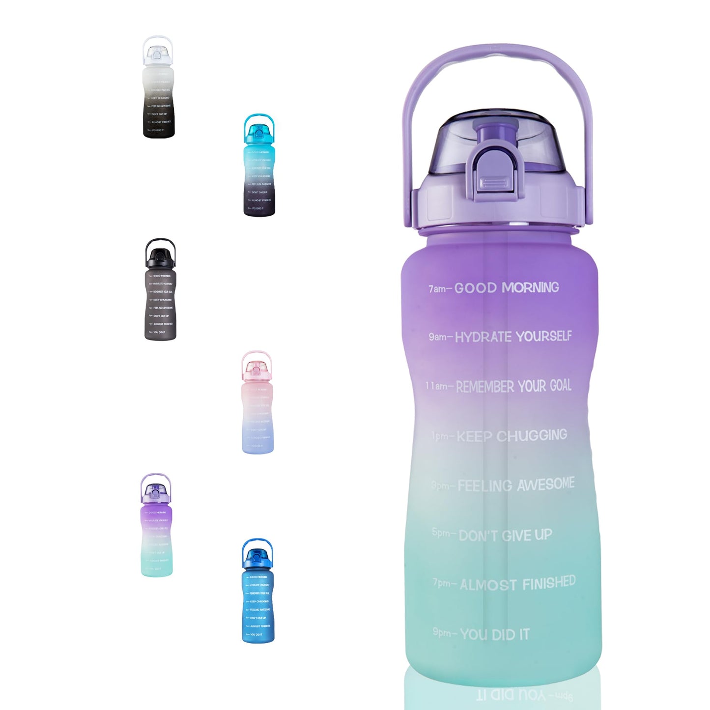 Laster 64 Oz, 2L, Half Gallon Motivational Water Bottle with Time Marker for All Day Hydration – BPA Free & Leak Proof. Office, Camping, Fitness, Road Trip - SOLID COLORS (Purple & Green)