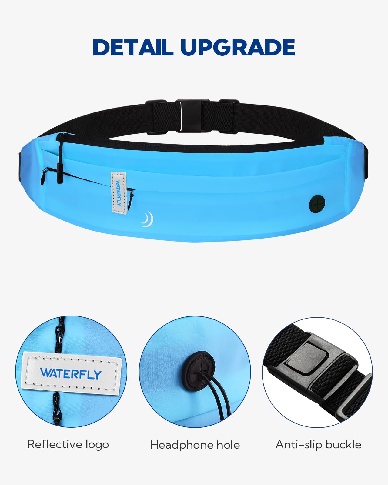 WATERFLY Running Belt Fanny Pack: Runner Marathon Jogging Waist Pack Sport Workout Exercise Fitness Phone Holder Belt for Men Women Jogger Slim Waistband