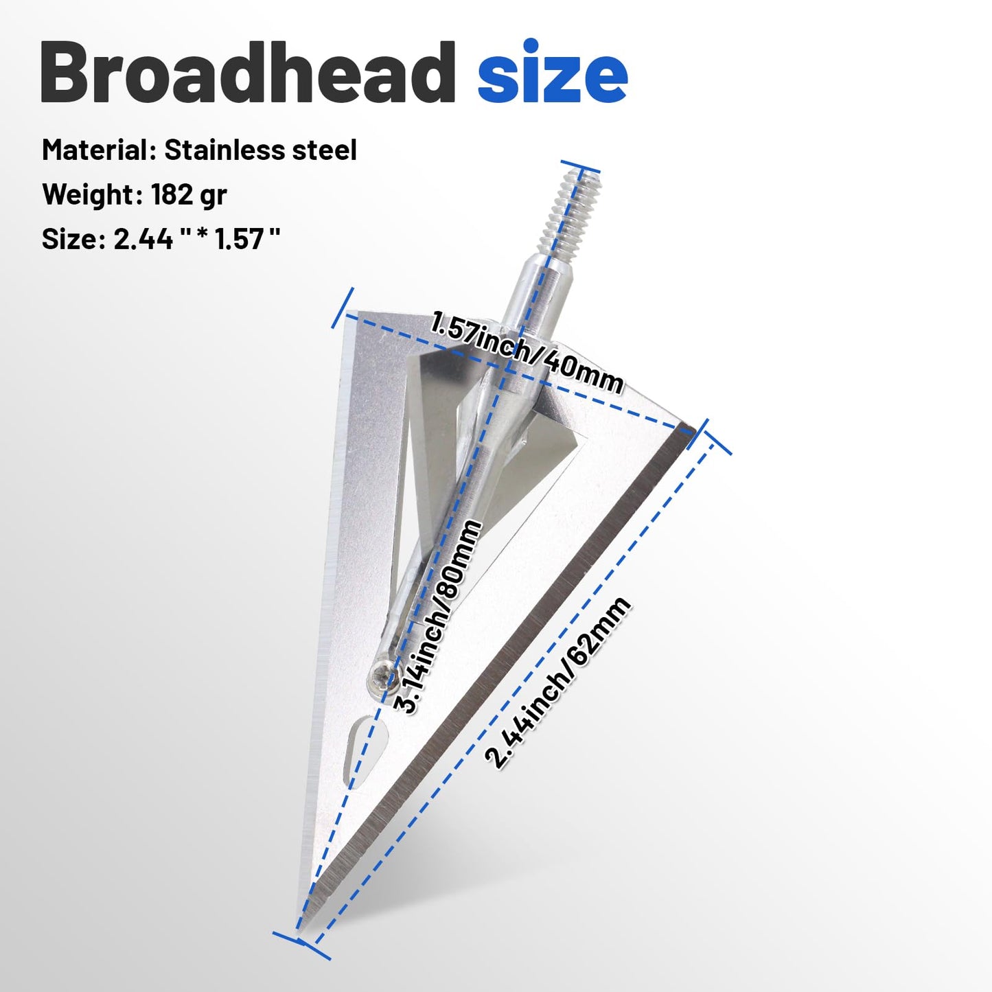 RUOERSISI 12 Pack 180 Grain 1.57 Inch Cutting Diameter Fixed Blade Hunting Broadheadas Traditional Archery Arrow Tips Stainless Steel Arrowhead for Crossbow, Recurve Bow and Long Bow