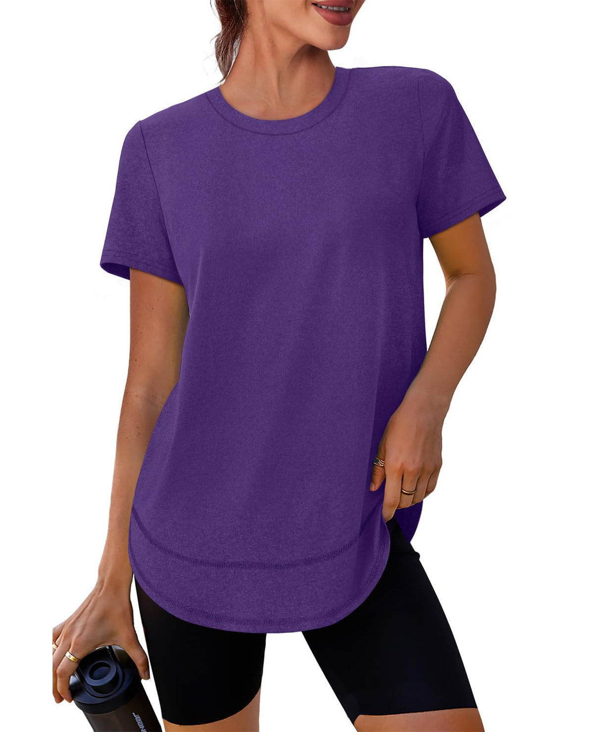 Short Sleeve Shirts for Women Workout Yoga Tops Sun Protection Clothing Summer Outfits Rash Guard Side Slit Purple XL
