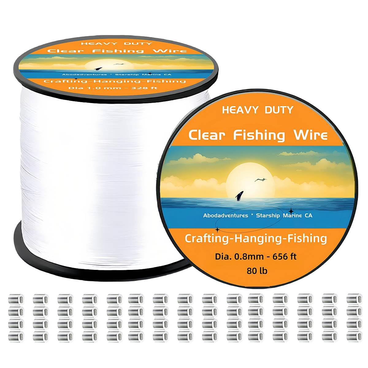 Aboda Heavy Duty Fishing Line Wire 0.8mm 656 ft, Strong Clear String for Hanging Decorations, Invisible Fishing Line for Crafts, Thick Transparent Hanging Wire for Pictures with 100 Crimp Sleeves