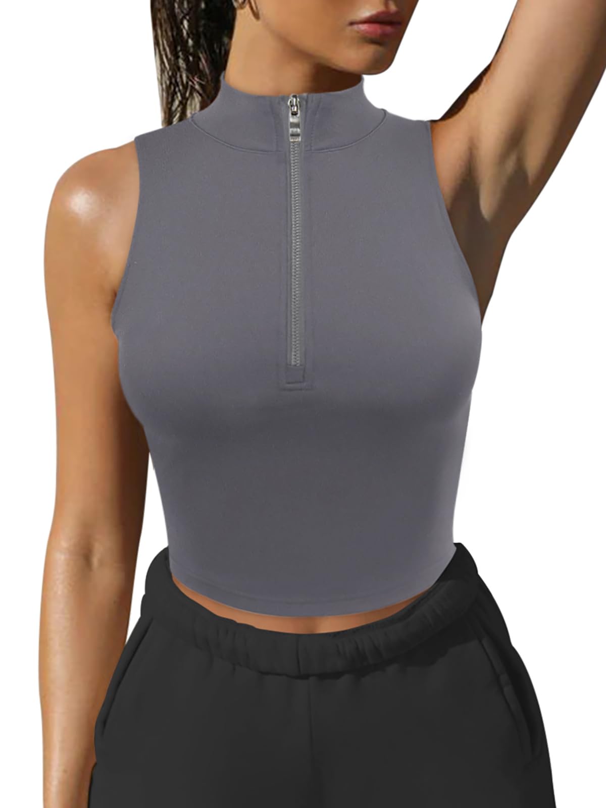 LASLULU Womens Crop Padded Tank Tops Zip Up Sweatshirts Sport Bra Summer Sleeveless Tops Running Fitness Shirts Racerback Yoga Gym Workout Tank Top with Built in Bra(Grey Medium)