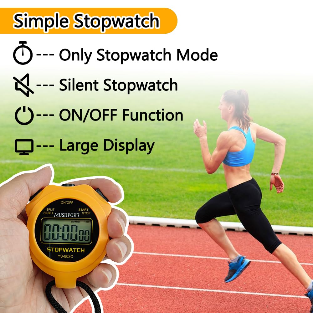 MUSHPORT Stopwatch Timer Only Stopwatch with ON/Off, Silent Stopwatch Simple Operation No Clock No Date No Countdown, Digital Kids Stop Watch for Sports Coaches Swimming Running, Orange