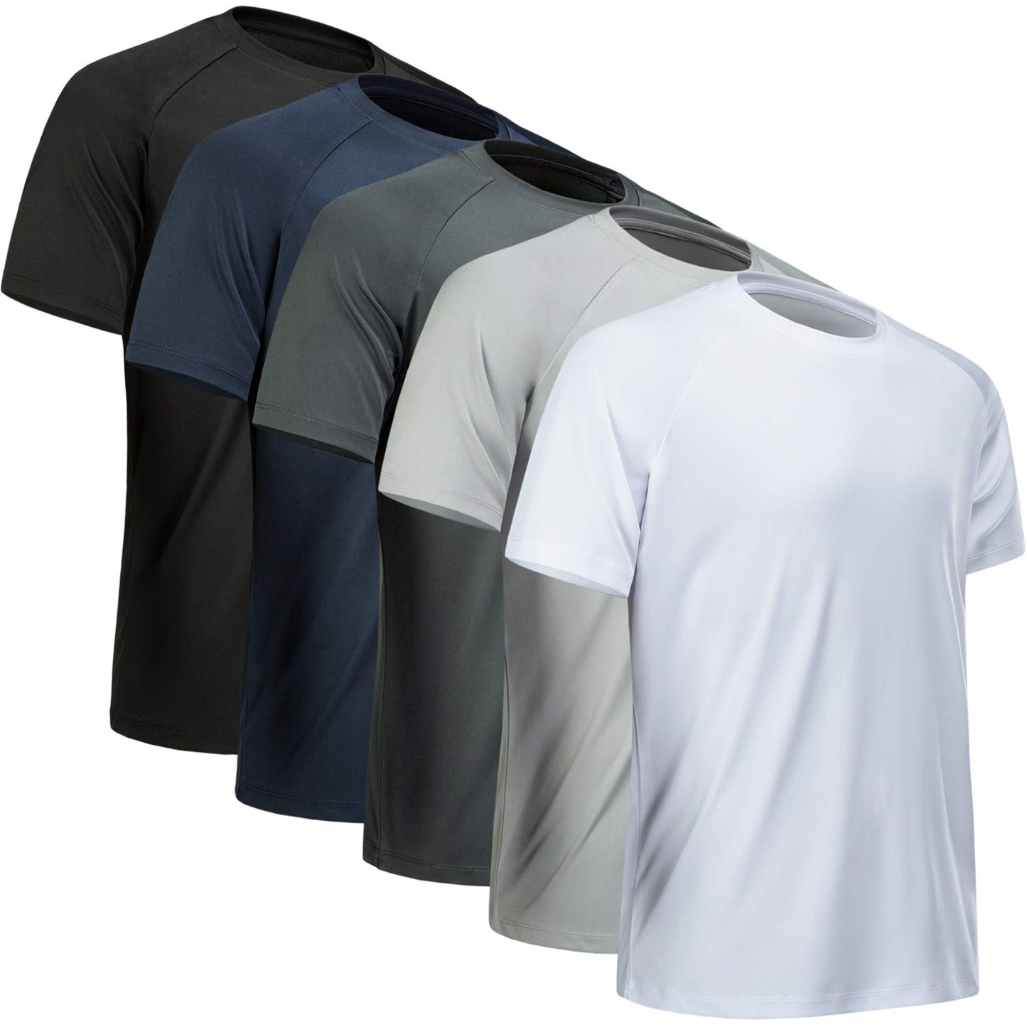 MCPORO Workout Shirts for Men Short Sleeve Quick Dry Athletic Gym Active T Shirt Moisture Wicking 5 Pack Black, Dark Grey, Light Grey, White, Navy XX-Large