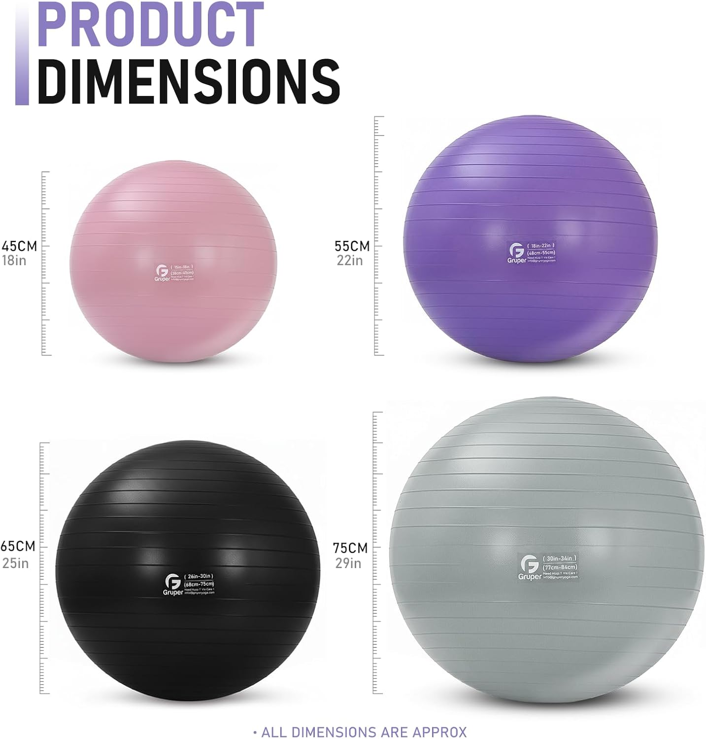 Yoga and Pilates Ball - 15" to 30" Sizes for Fitness, Workout, Pregnancy & Therapy | Quick Pump Included