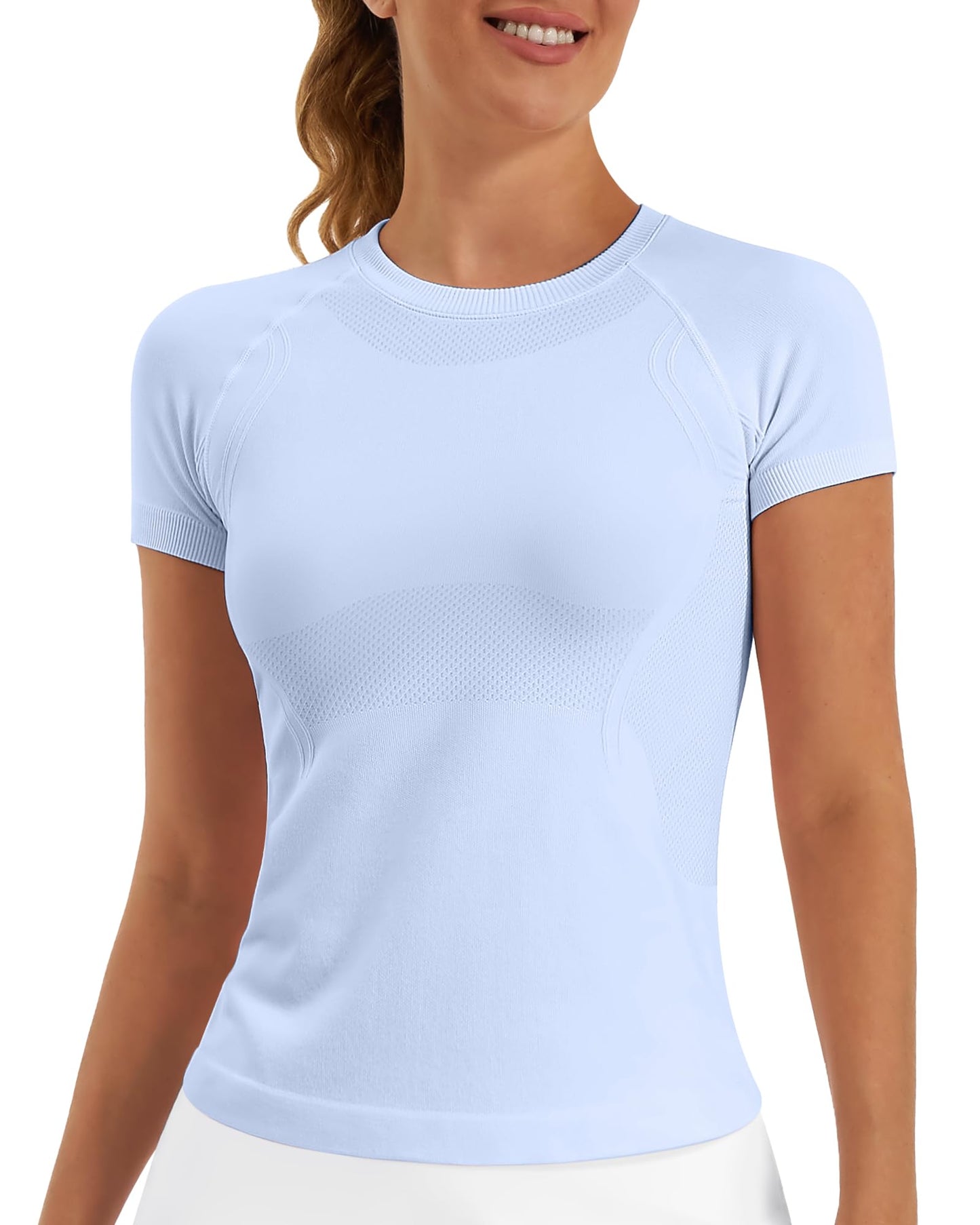 Stelle Women Workout Tops Short Sleeve Seamless Athletic Shirts Yoga Gym Sports Breathable Tees(Blue,S)