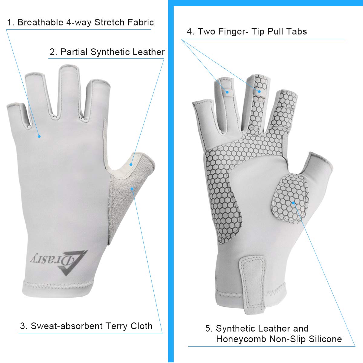Drasry UV Protection Fishing Fingerless Gloves Men Women UPF 50+ SPF for Fishing Kayak Paddling Hiking Sailing Rowing Sun Gloves Gray L