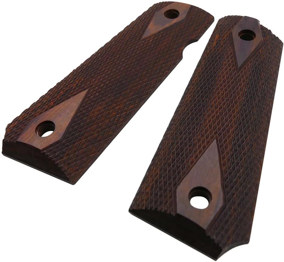 1911 Wood Grips - Checker Diamond Cut or Honey Comb Texture | Full Size with Gold Screws & Ambi Safety Cut