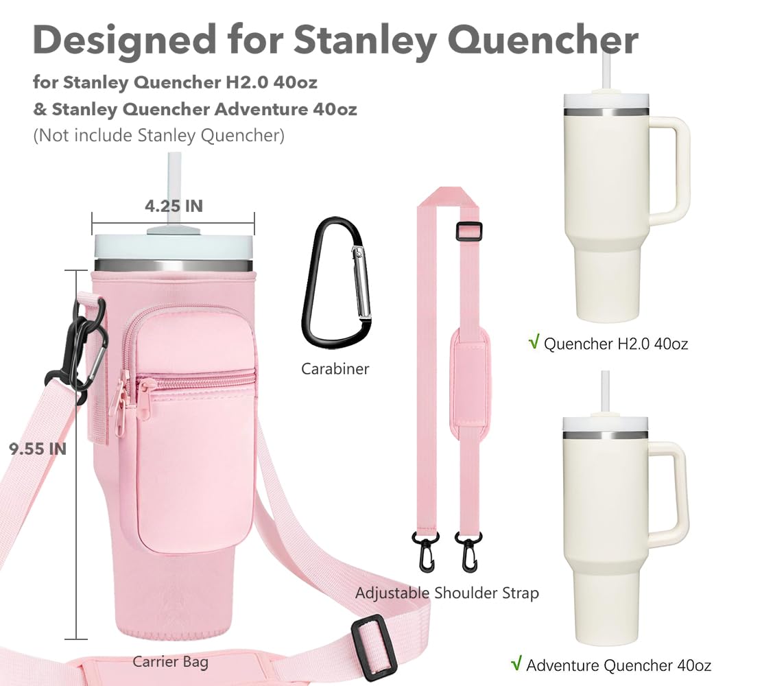 momocici Letter S Cup Carrier Bag with Strap & Pouch for Stanley Quencher 40oz Tumbler.Initial Cup Crossbody Holder Bag Compatible with Stanley Cup for Hiking Travelling Camping.(Rose Quartz)