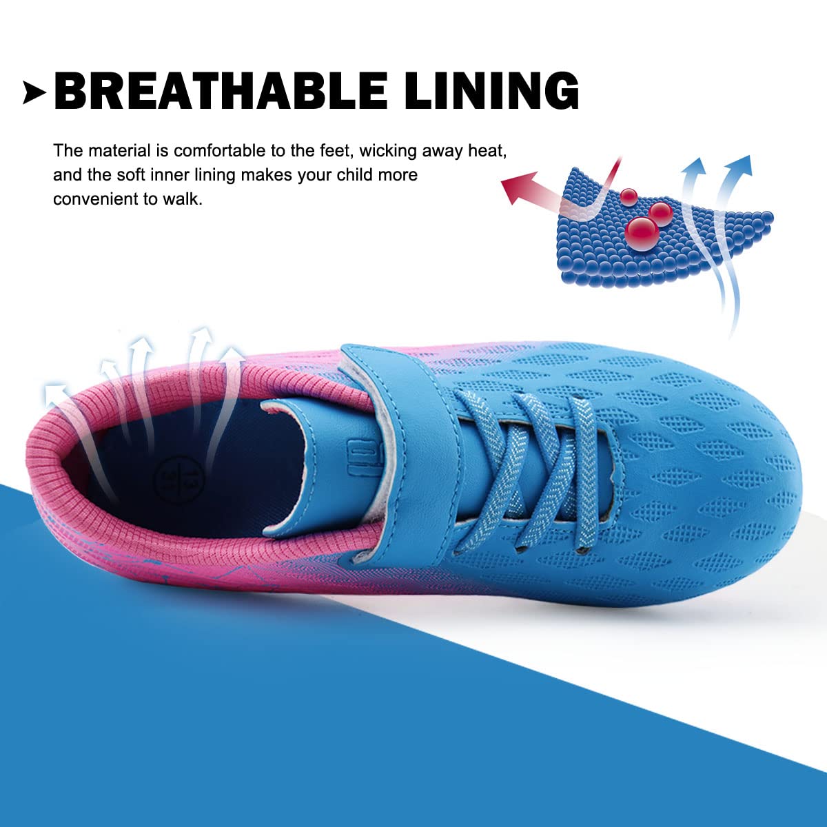 brooman Kids Firm Ground Soccer Cleats Boys Girls Athletic Outdoor Football Shoes(13,Blue Pink)
