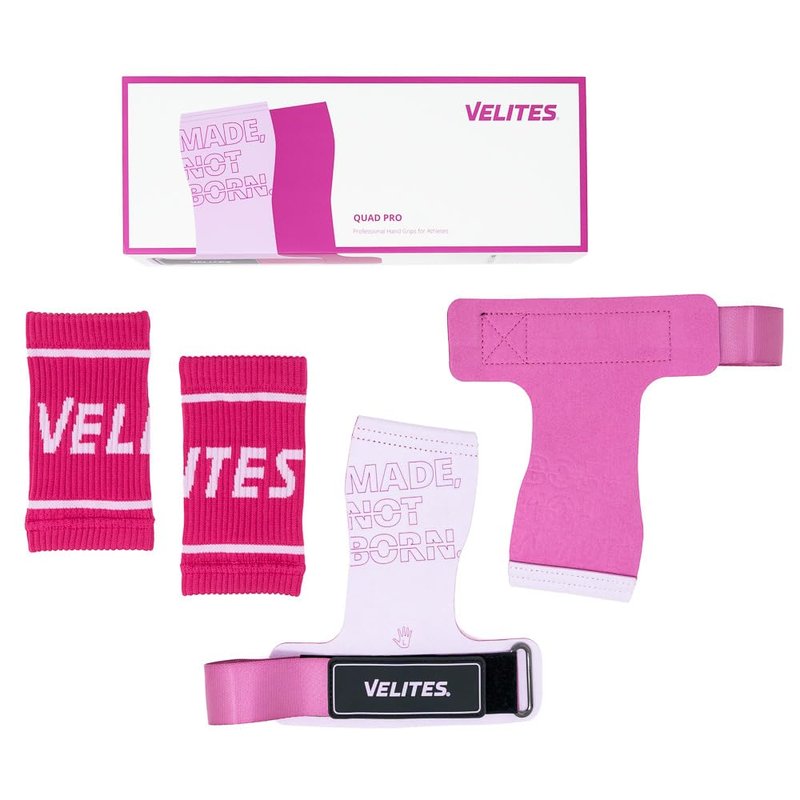 Velites - Official Games Quad Pro Grips - Size M Color Pink - with Chalk - Wristbands and Carry Bag Included - Pull-ups, Muscle-ups, and Toes-to-bar