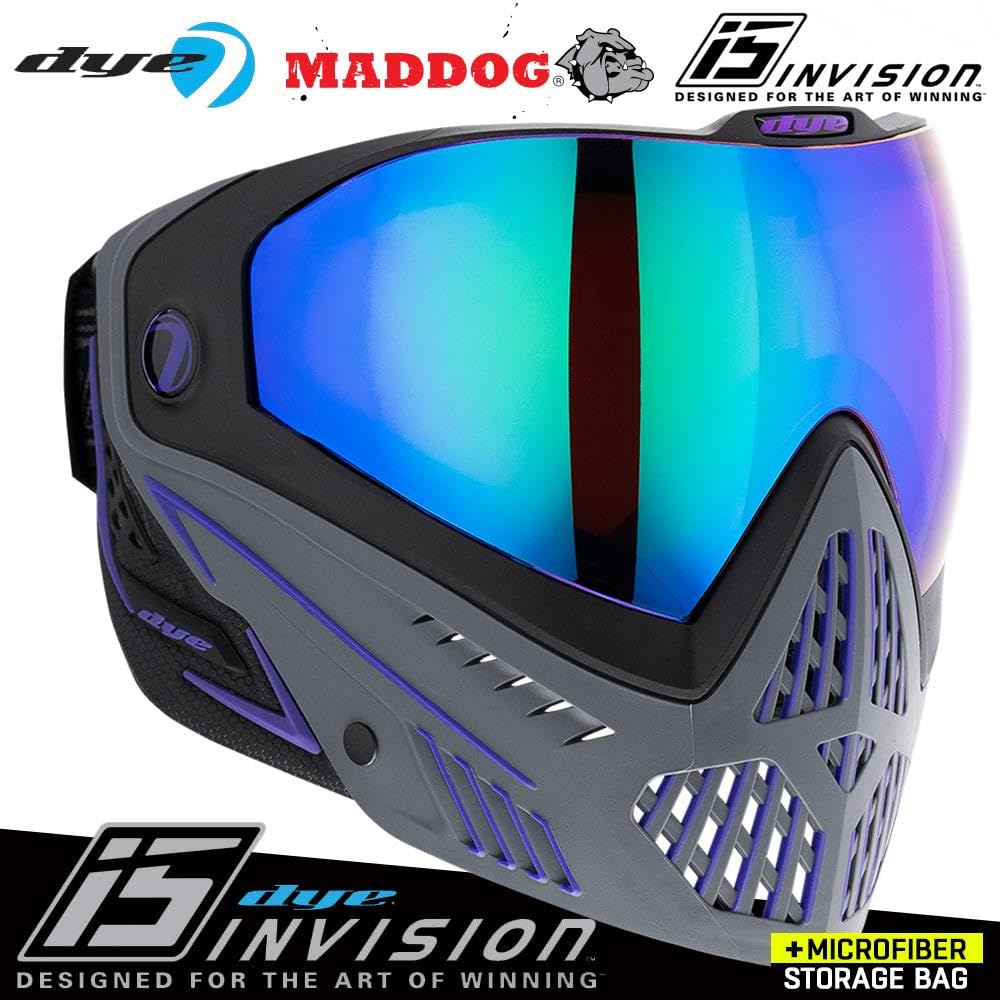 Maddog Dye i5 Thermal Dual-Pane Anti-Fog Lens Paintball Airsoft Mask Goggle System Combo with Microfiber Storage Bag | High Performance Safety Certified Protection - Barney - Purple/Grey/Black