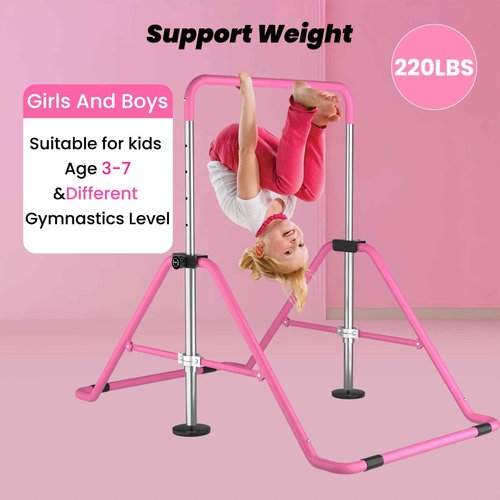 WATBKHE Gymnastics Bar for Kids Age 3-7 Years Old, Gymnastic Equipment for Kids Home, Adjustable & Folding Gymnastic Training Bar for Hanging, Pull Up, Tumbling Workout for Girls Boys (Pink)