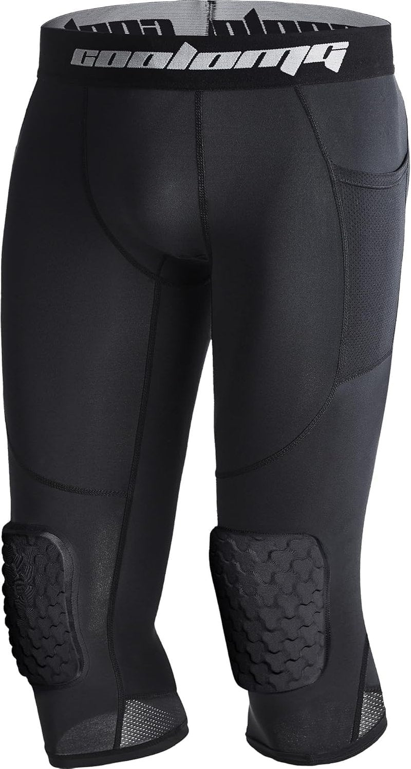 COOLOMG Men Basketball Leggings with Knee Pads 3/4 Padded Compression Pants Black L