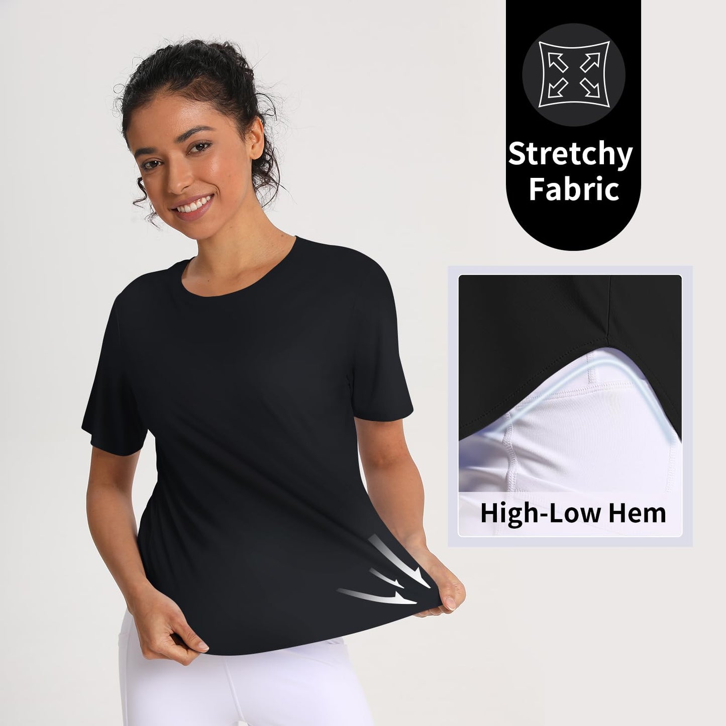 CHALLMOTI Workout Tops for Women Running Shirts Short Sleeve Sun Protection Athletic T-Shirts Quick Dry UPF 50+ Black L