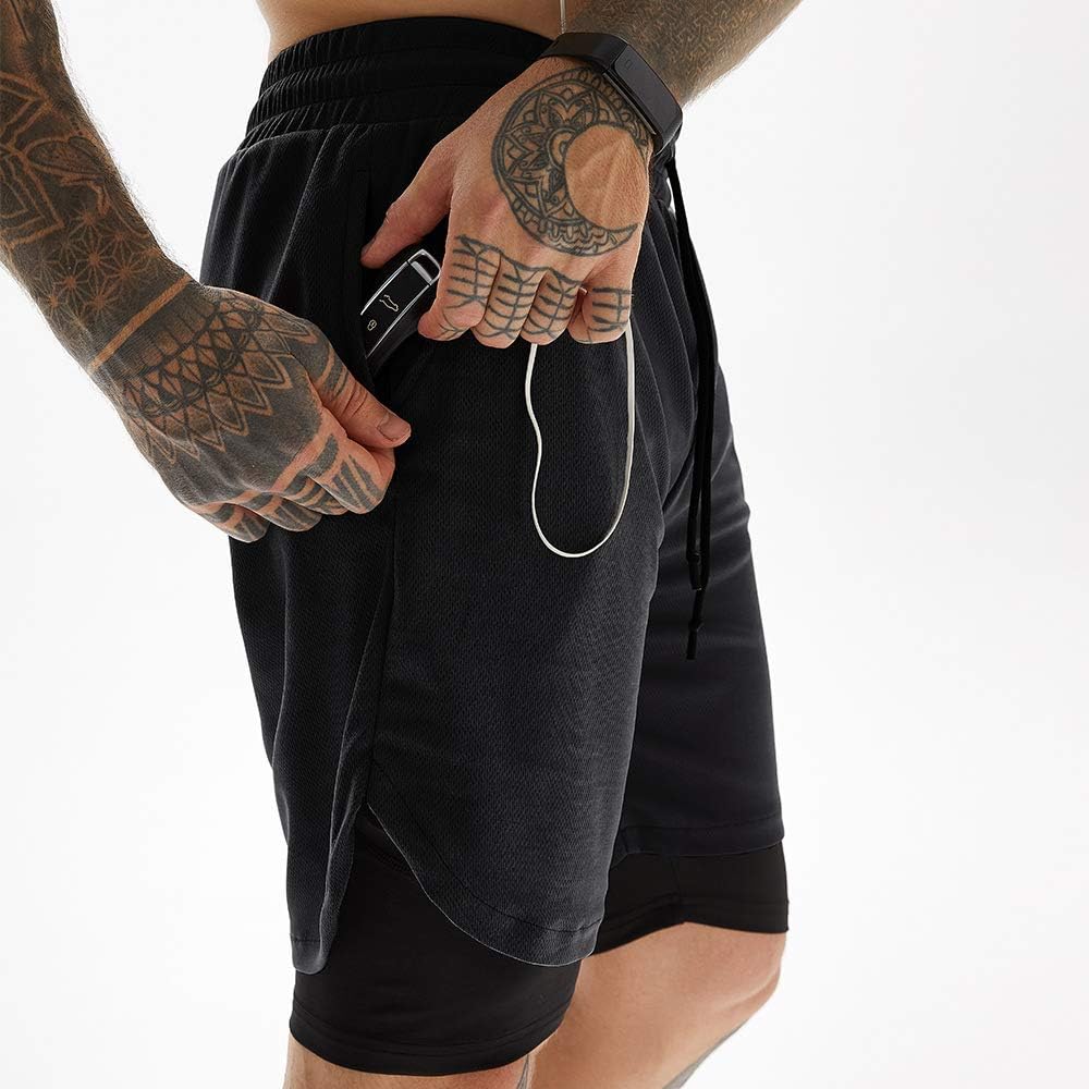 JWJ 5 Pack Men's 2 in 1 Workout Running Shorts 7 Inch Lightweight Athletic Gym Shorts with Compression Liner Black L