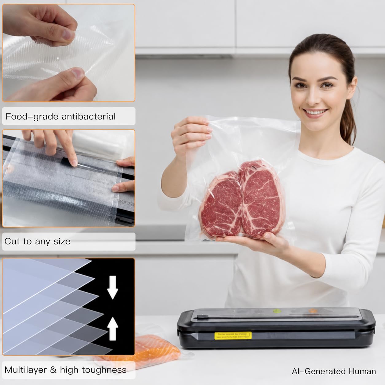 MegaWise 3 Rolls of Vacuum Sealer Machine Bags, 8 inch wide and 21.6 Feet Long for Megawise & other brand vacuum sealers Perfect for Meal Prep and Sous Vide Cooking