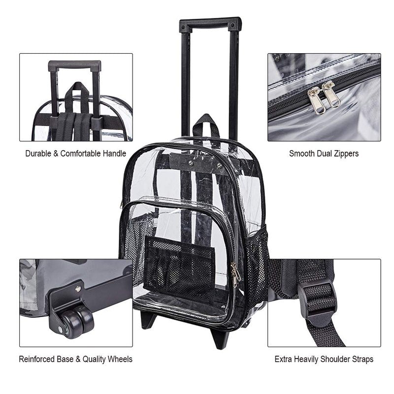 COVAX Rolling Clear Backpack, Heavy Duty See Through Bookbag, Transparent PVC Cold-resistant Backpack with Wheels (Black)