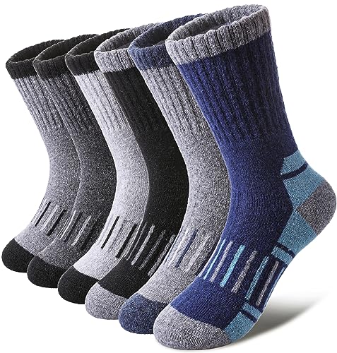 LINEMIN Kids Merino Wool Hiking Socks Toddlers Boys Girls Winter Warm Thick Thermal Boot Cushion Crew Socks 6 Pairs (8-12 Years, Mix Color Hiking Socks)