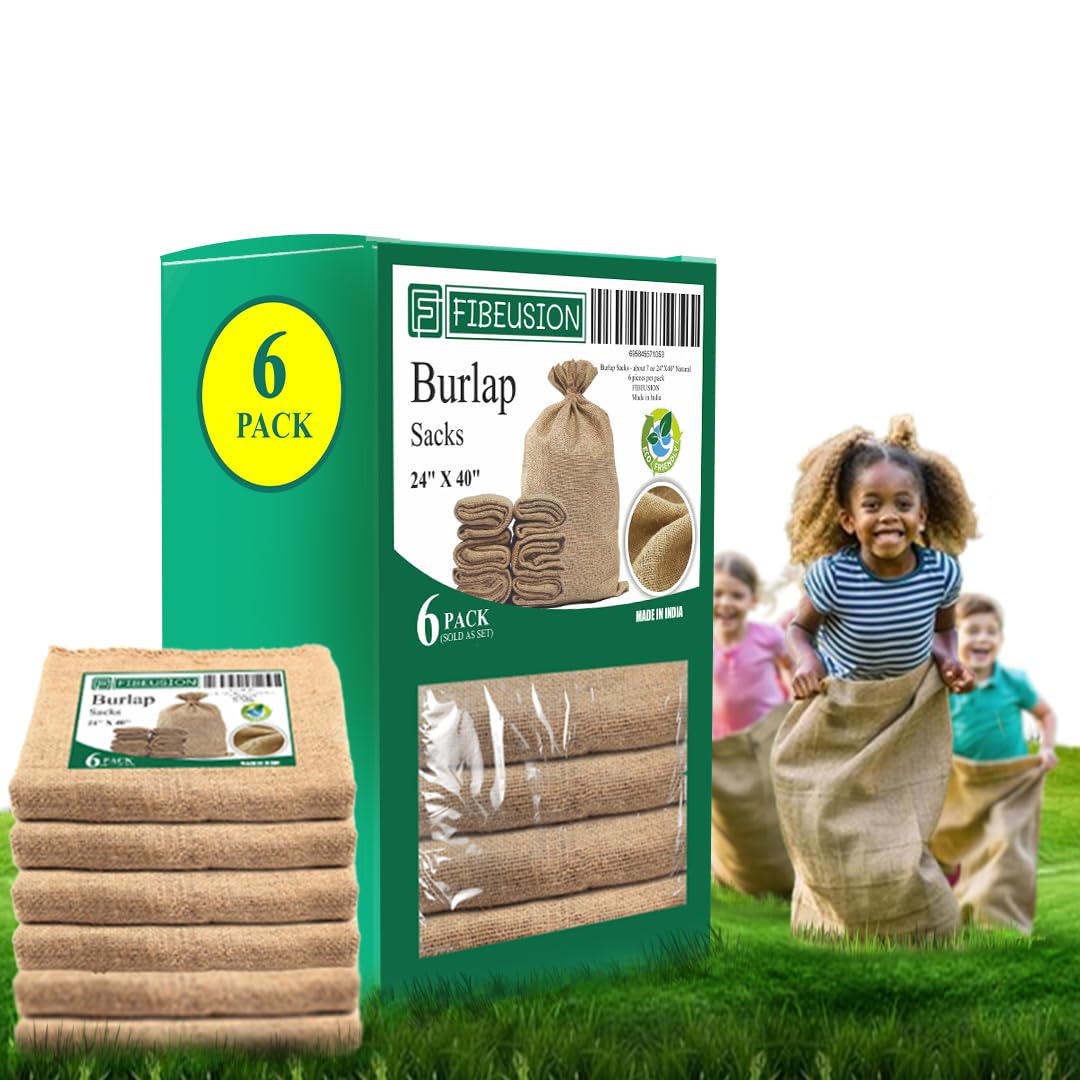 Heavy Duty Reusable Burlap Sacks (Set of 6) – 24" X 40" Perfect Sack Race Bags for Adults and Kids, Outdoor Lawn Games, Vegetable Storage & Gardening - 50lbs Capacity Potato Sacks