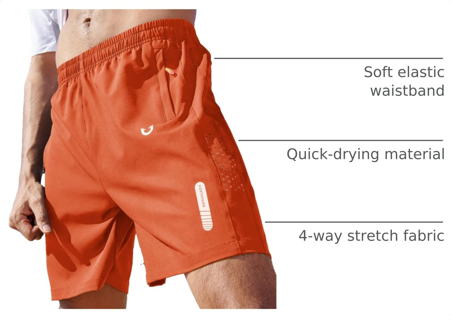 NORTHYARD Men's Athletic Running Shorts Gym Workout 7"/9"/5" Quick Dry Lightweight Sports Basketball Tennis 3 Zipper Pockets Orange S