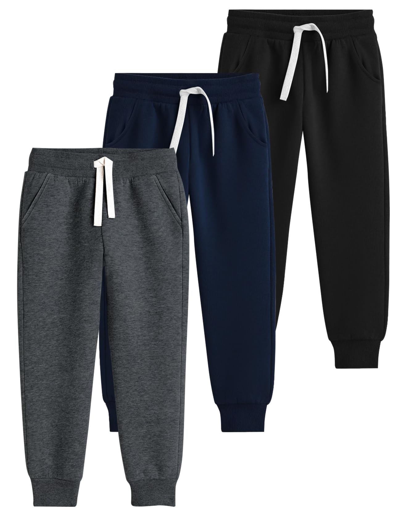 Flygo 3 Pack Boys Sweatpants Kids Active Joggers Athletic Casual Basic Pull On Pants with Pockets Drawstring(Black+Darkgrey+Navy 5-6 Y)