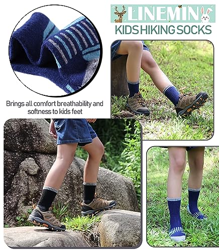 LINEMIN Kids Merino Wool Hiking Socks Toddlers Boys Girls Winter Warm Thick Thermal Boot Cushion Crew Socks 6 Pairs (8-12 Years, Mix Color Hiking Socks)