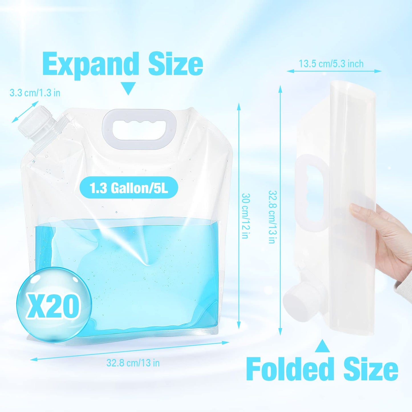 Zubebe 26 Gallon Collapsible Water Container Bag, 1.3 Gallon x 20 Pcs Emergency Water Container Freezable BPA Free Food Grade Clear Plastic Storage Bag Foldable Water Bottle for Camping Riding